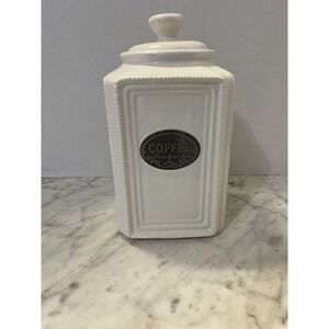 THL Ceramic Coffee  Canister Farmhouse White With Beading, Silver Label And Lid